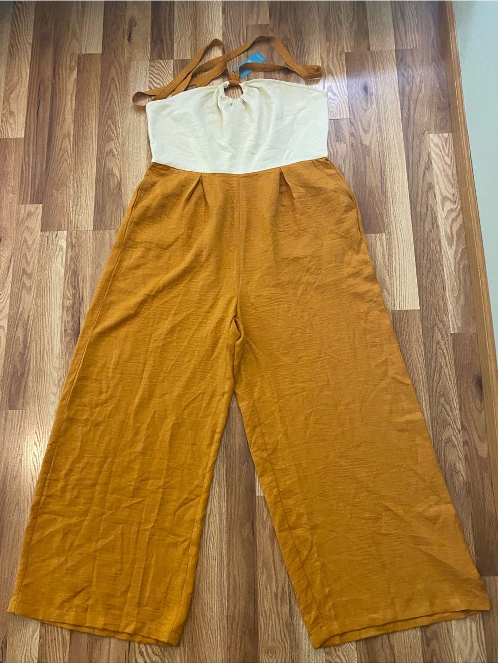 CupShe Cream & Mustard Wide-Leg Halter Jumpsuit Size XL NWT
